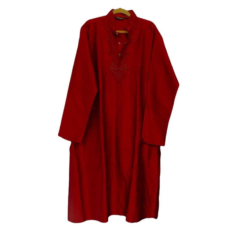 AArambah Couture Indian Long Raw Silk Beaded Burgundy Tunic